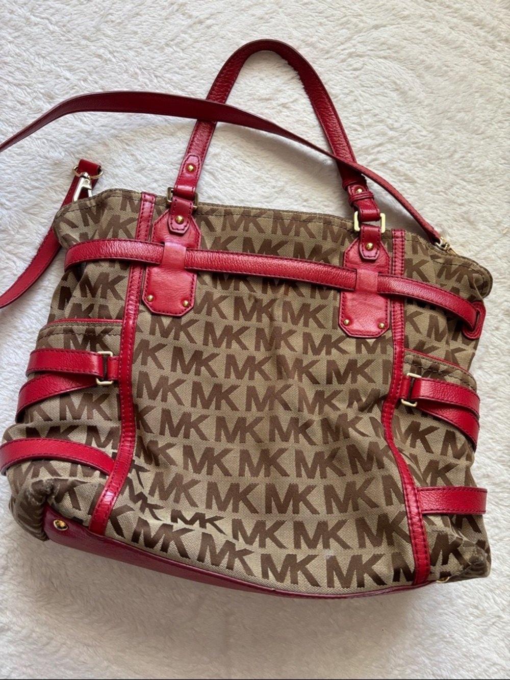 Michael Kors Red Trim Signature MK Shoulder Bag With Handles - Picture 11 of 15
